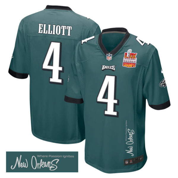 Jake Elliott 4 Philadelphia Eagles Super Bowl LIX Champions Patch ‘New Orleans – Where Passion Ignites’ EMBROIDERED Game Men Jersey – Midnight Green