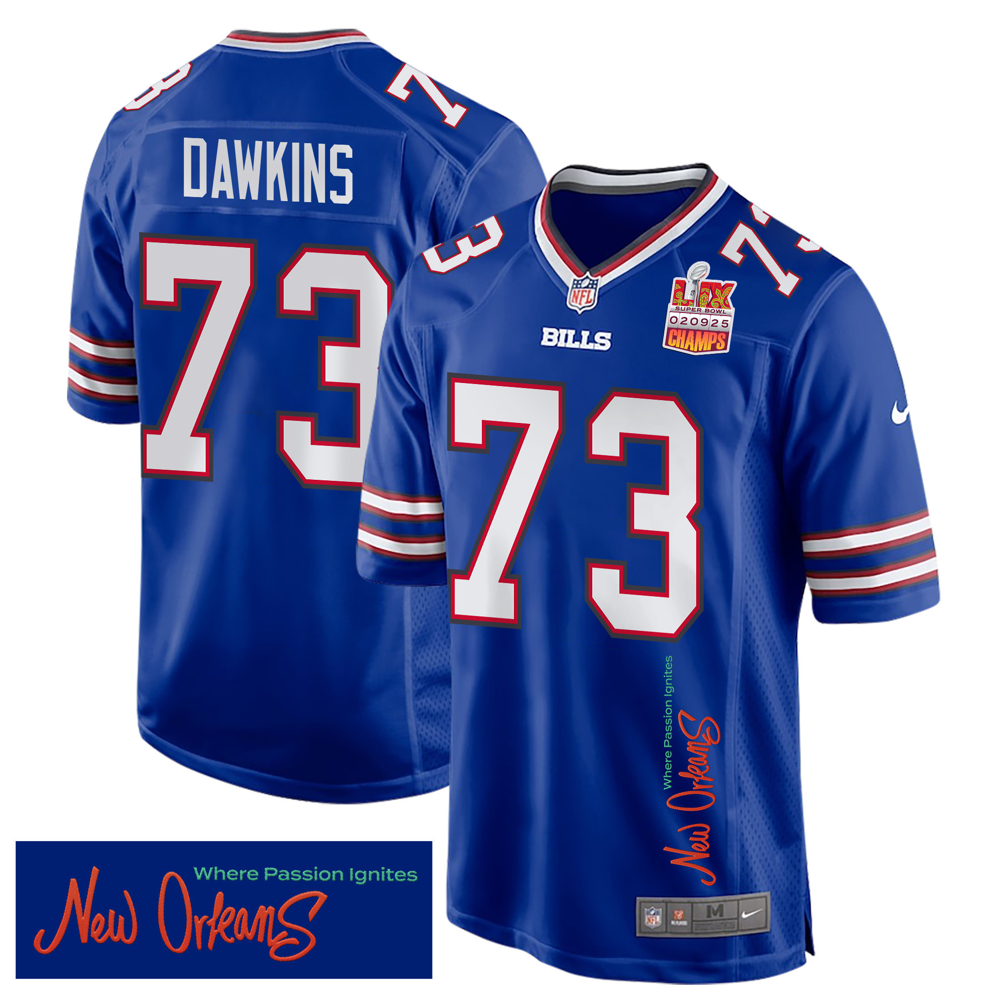 Dion Dawkins 73 Buffalo Bills Super Bowl LIX Champions Patch ‘New Orleans – Where Passion Ignites’ EMBROIDERED Game Men Jersey – Royal