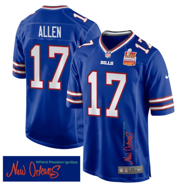 Josh Allen 17 Buffalo Bills Super Bowl LIX Champions Patch ‘New Orleans – Where Passion Ignites’ EMBROIDERED Game Men Jersey – Royal