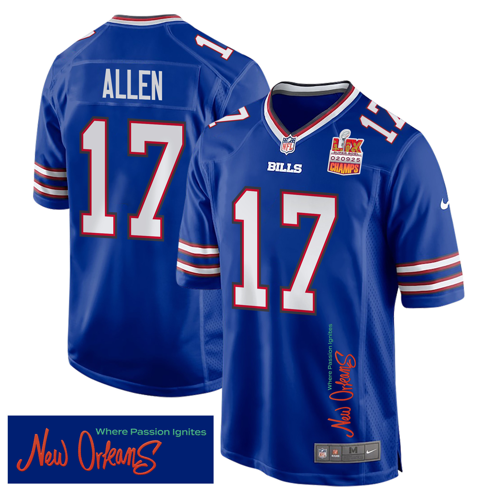 Josh Allen 17 Buffalo Bills Super Bowl LIX Champions Patch ‘New Orleans – Where Passion Ignites’ EMBROIDERED Game Men Jersey – Royal