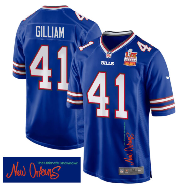 Reggie Gilliam 41 Buffalo Bills Super Bowl LIX Champions Patch ‘New Orleans – The Ultimate Showdown’ EMBROIDERED Game Men Jersey – Royal