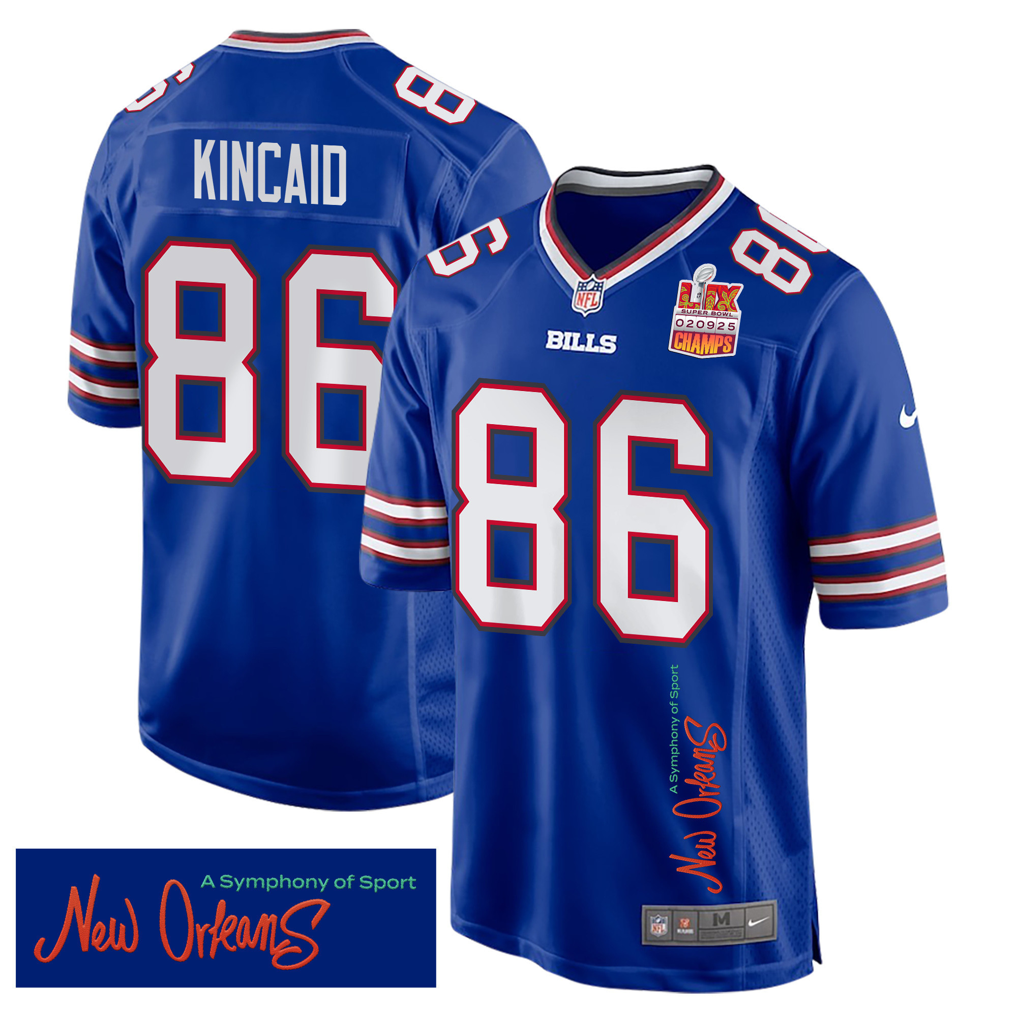 Dalton Kincaid 86 Buffalo Bills Super Bowl LIX Champions Patch ‘New Orleans – A Symphony of Sport’ EMBROIDERED Game Men Jersey – Royal