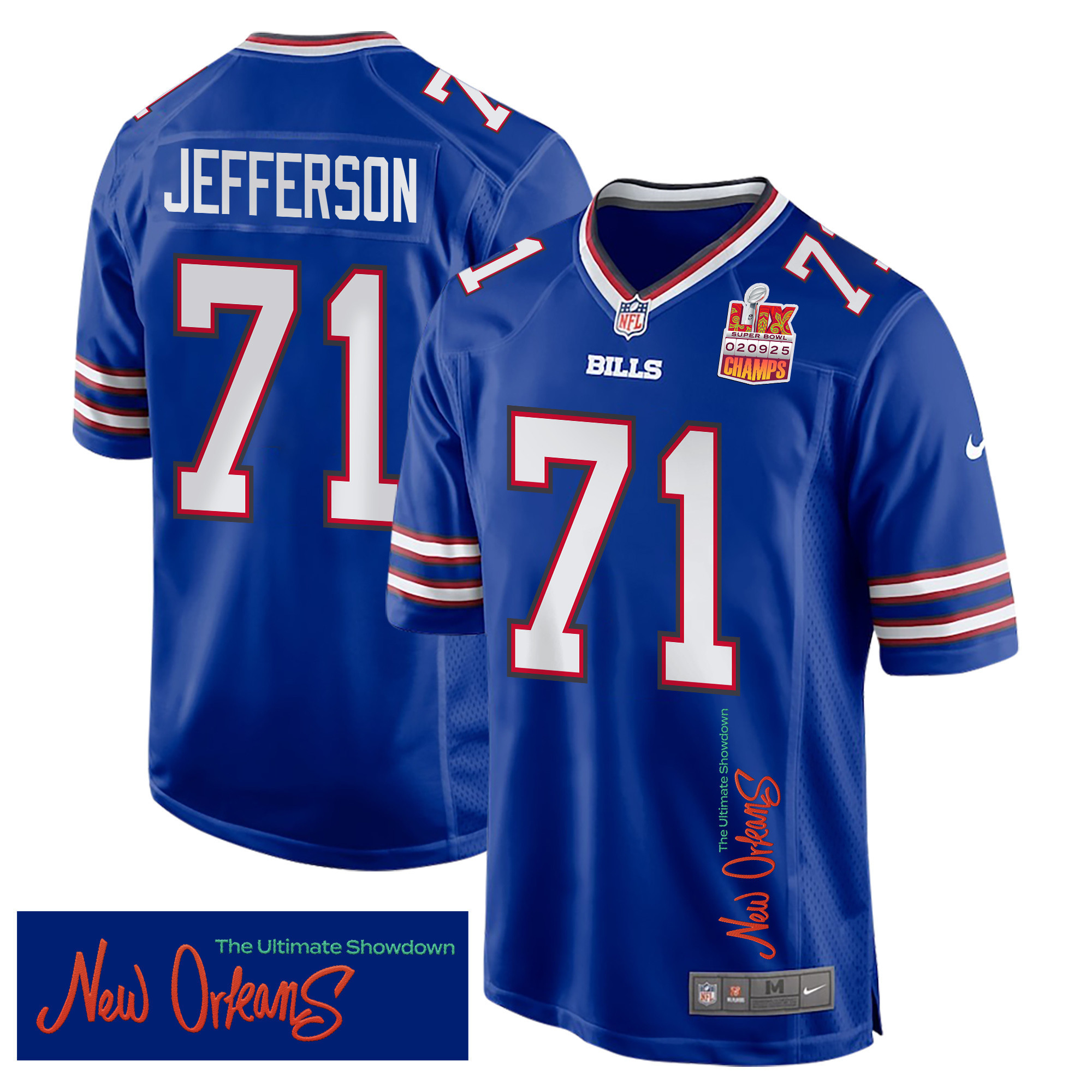 Quinton Jefferson 71 Buffalo Bills Super Bowl LIX Champions Patch ‘New Orleans – The Ultimate Showdown’ EMBROIDERED Game Men Jersey – Royal