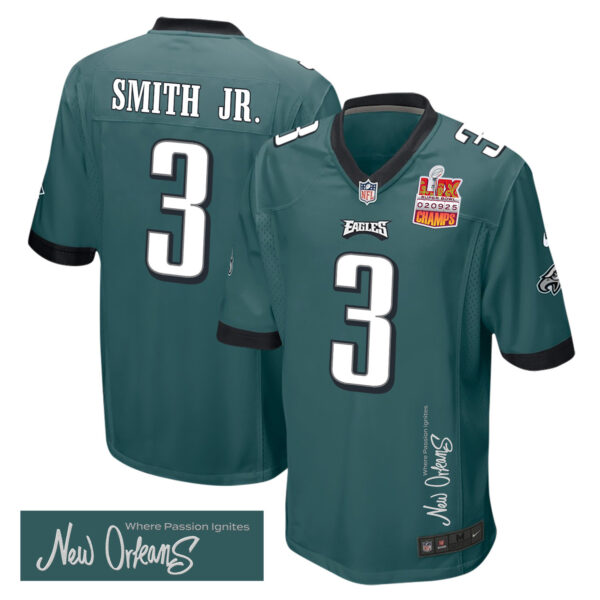 Nolan Smith Jr. 3 Philadelphia Eagles Super Bowl LIX Champions Patch ‘New Orleans – Where Passion Ignites’ EMBROIDERED Game Men Jersey – Midnight Green