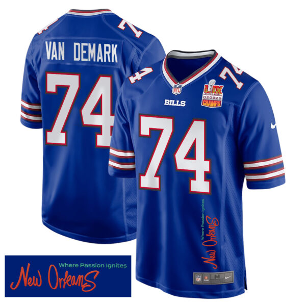 Ryan Van Demark 74 Buffalo Bills Super Bowl LIX Champions Patch ‘New Orleans – Where Passion Ignites’ EMBROIDERED Game Men Jersey – Royal