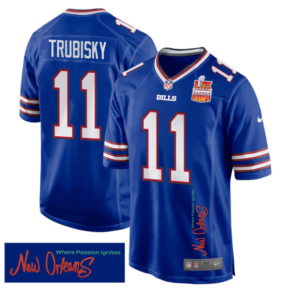 Mitchell Trubisky 11 Buffalo Bills Super Bowl LIX Champions Patch ‘New Orleans – Where Passion Ignites’ EMBROIDERED Game Men Jersey – Royal
