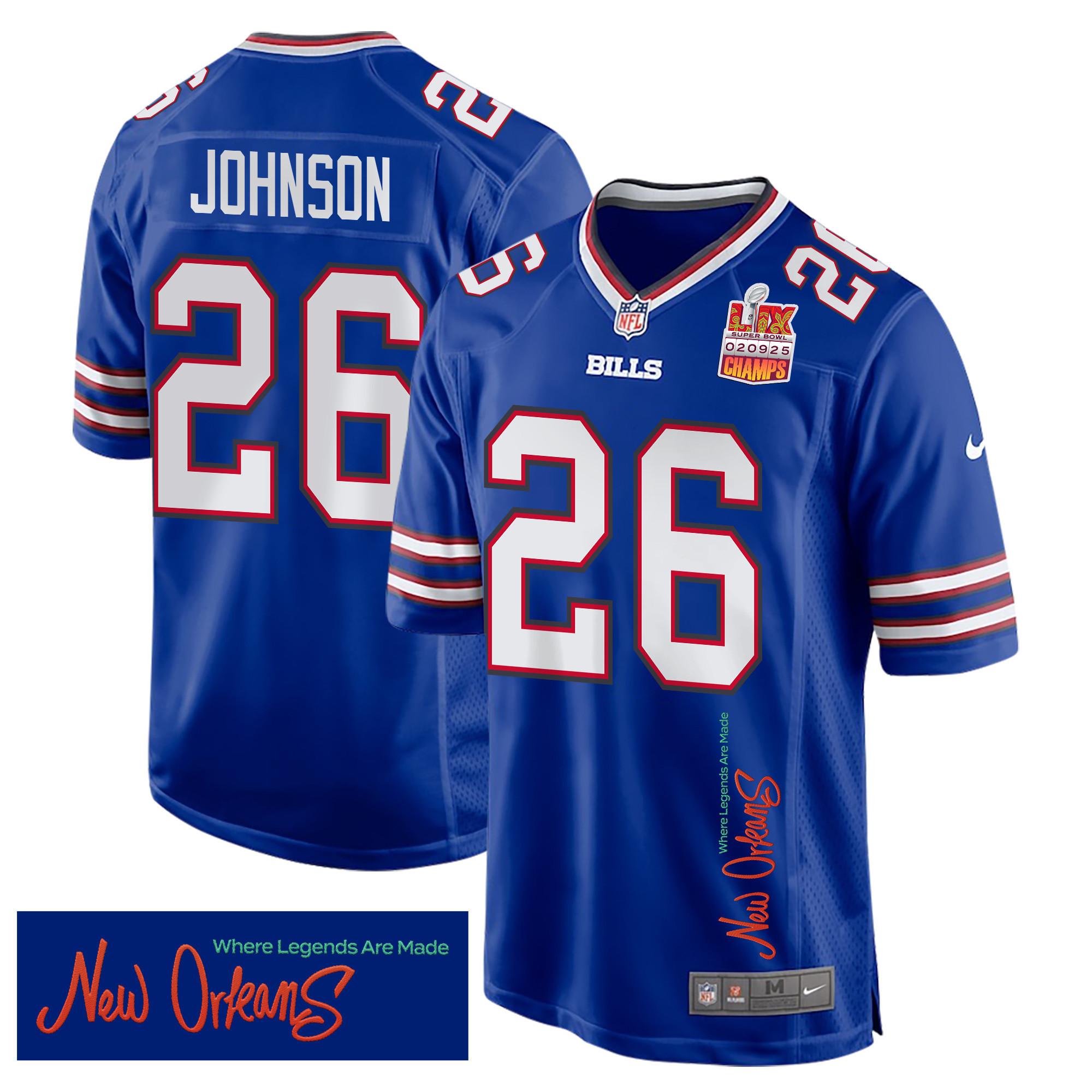 Ty Johnson 26 Buffalo Bills Super Bowl LIX Champions Patch ‘New Orleans – Where Legends Are Made’ EMBROIDERED Game Men Jersey – Royal
