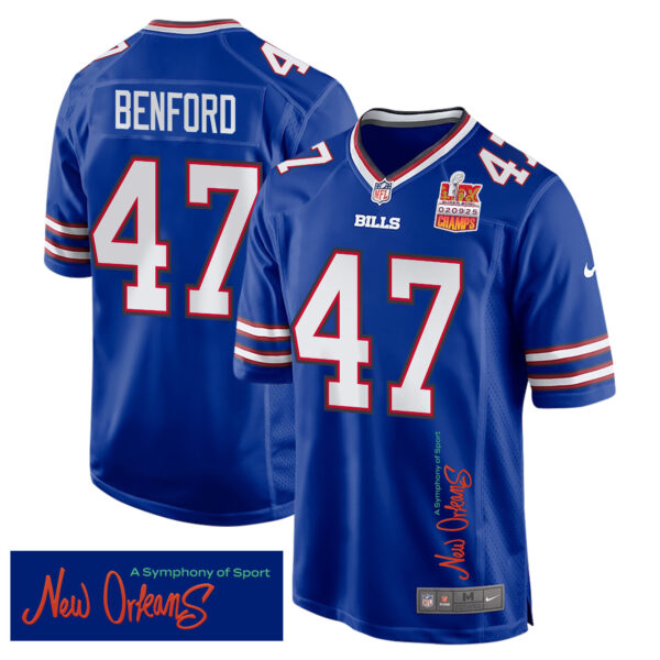 Christian Benford 47 Buffalo Bills Super Bowl LIX Champions Patch ‘New Orleans – A Symphony of Sport’ EMBROIDERED Game Men Jersey – Royal
