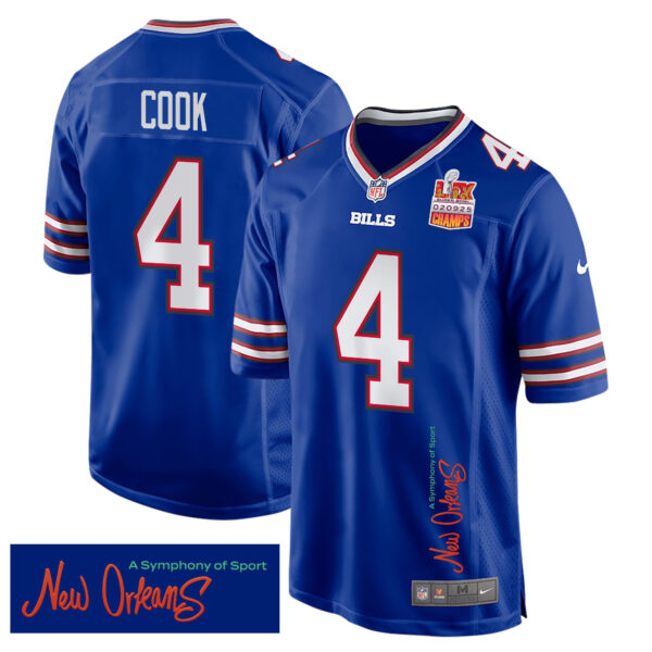 James Cook 4 Buffalo Bills Super Bowl LIX Champions Patch ‘New Orleans – A Symphony of Sport’ EMBROIDERED Game Men Jersey – Royal