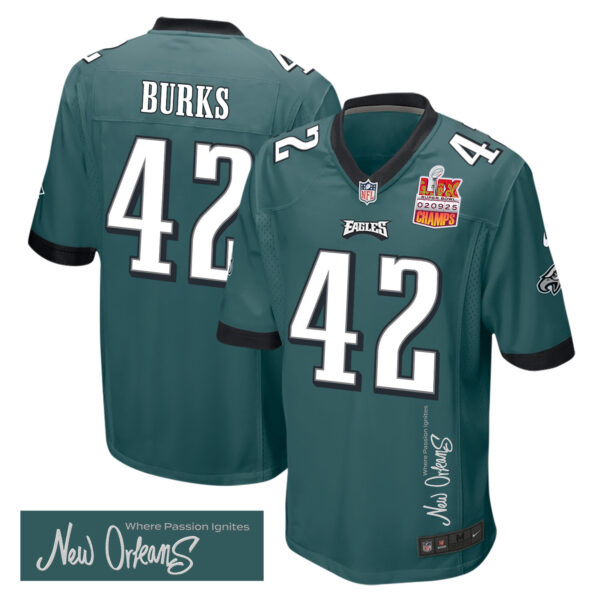 Oren Burks 42 Philadelphia Eagles Super Bowl LIX Champions Patch ‘New Orleans – Where Passion Ignites’ EMBROIDERED Game Men Jersey – Midnight Green