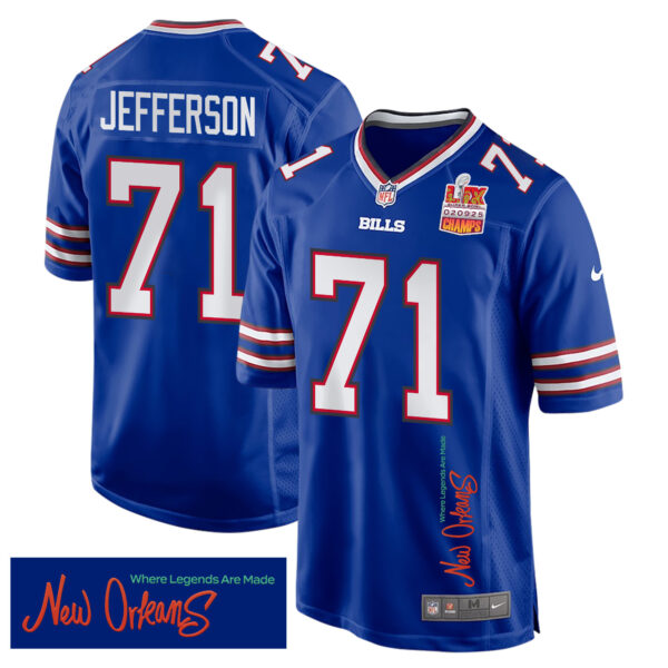 Quinton Jefferson 71 Buffalo Bills Super Bowl LIX Champions Patch ‘New Orleans – Where Legends Are Made’ EMBROIDERED Game Men Jersey – Royal