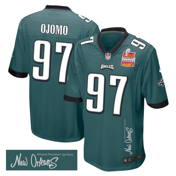 Moro Ojomo 97 Philadelphia Eagles Super Bowl LIX Champions Patch ‘New Orleans – Where Passion Ignites’ EMBROIDERED Game Men Jersey – Midnight Green