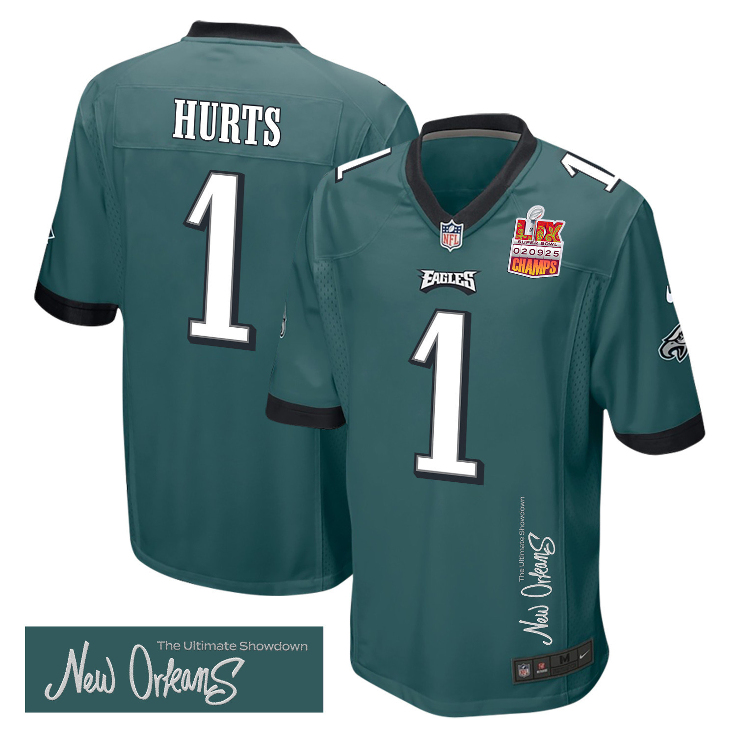 Jalen Hurts 1 Philadelphia Eagles Super Bowl LIX Champions Patch ‘New Orleans – The Ultimate Showdown’ EMBROIDERED Game Men Jersey – Midnight Green