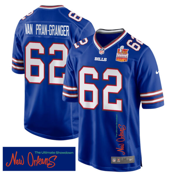 Sedrick Van Pran-Granger 62 Buffalo Bills Super Bowl LIX Champions Patch ‘New Orleans – The Ultimate Showdown’ EMBROIDERED Game Men Jersey – Royal