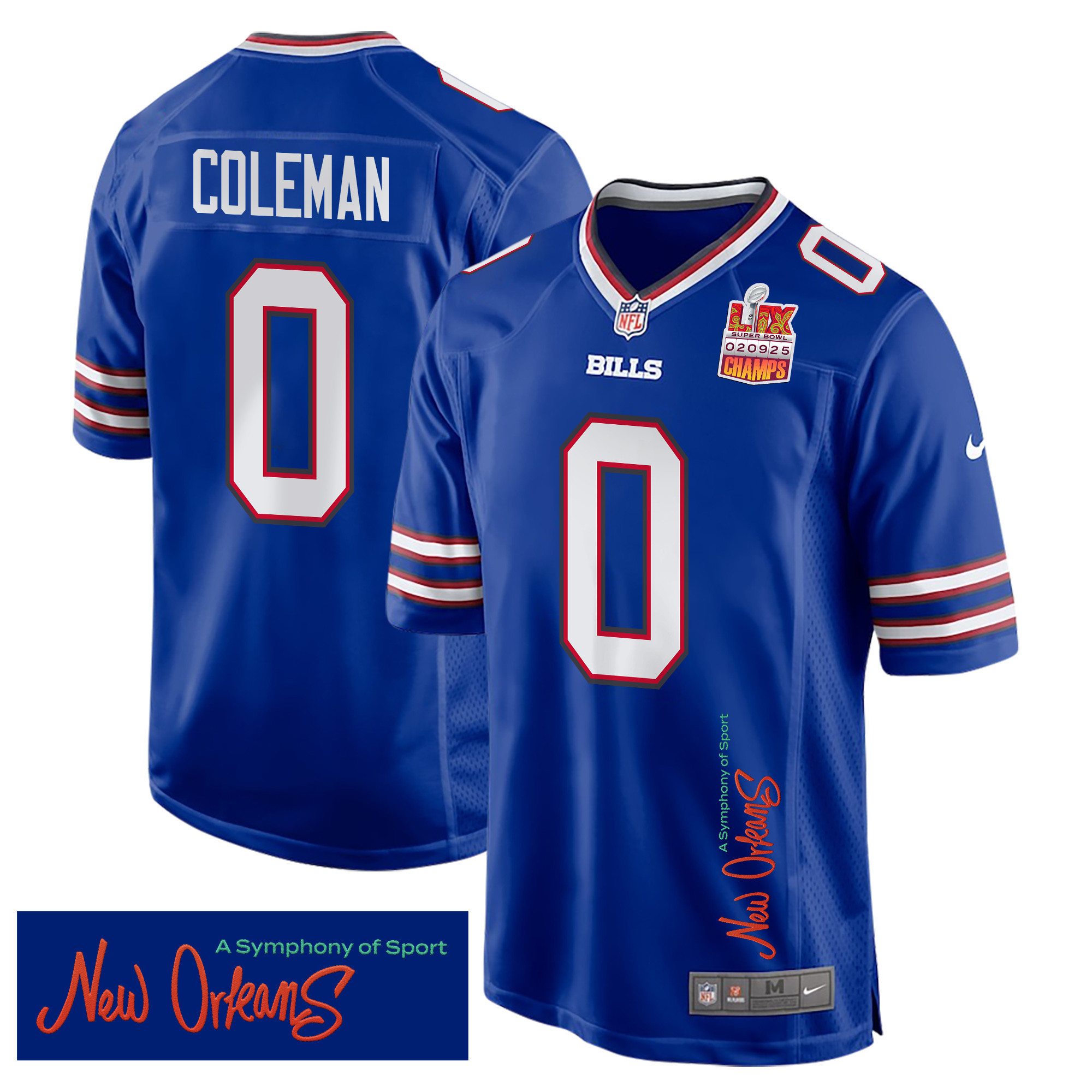 Keon Coleman 0 Buffalo Bills Super Bowl LIX Champions Patch ‘New Orleans – A Symphony of Sport’ EMBROIDERED Game Men Jersey – Royal