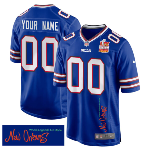 Buffalo Bills Super Bowl LIX Champions Patch ‘New Orleans – Where Legends Are Made’ EMBROIDERED Game Men Custom Jersey – Royal