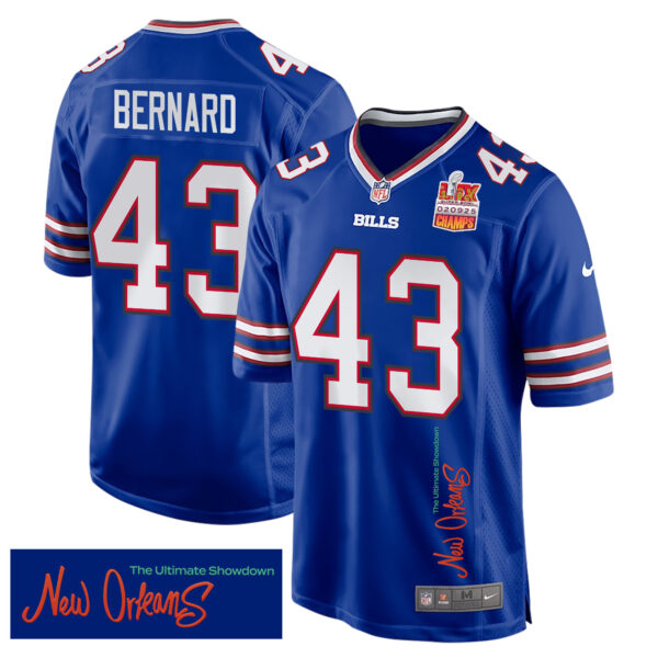 Terrel Bernard 43 Buffalo Bills Super Bowl LIX Champions Patch ‘New Orleans – The Ultimate Showdown’ EMBROIDERED Game Men Jersey – Royal
