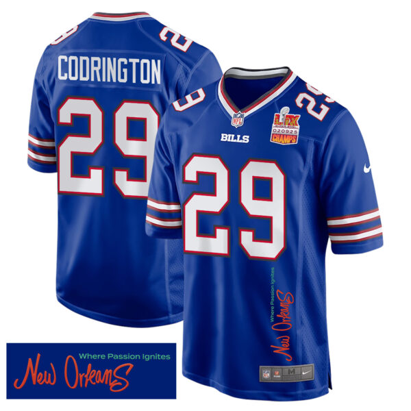 Brandon Codrington 29 Buffalo Bills Super Bowl LIX Champions Patch ‘New Orleans – Where Passion Ignites’ EMBROIDERED Game Men Jersey – Royal
