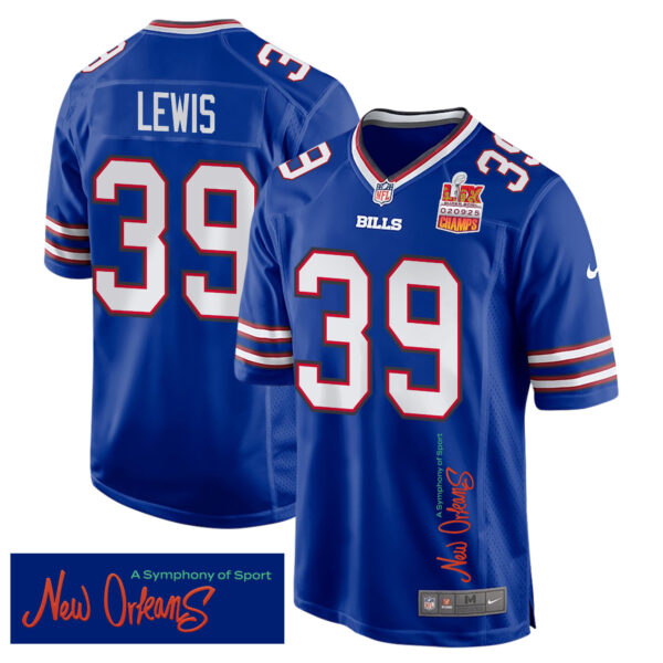 Cam Lewis 39 Buffalo Bills Super Bowl LIX Champions Patch ‘New Orleans – A Symphony of Sport’ EMBROIDERED Game Men Jersey – Royal
