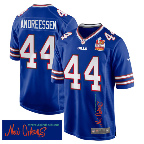Joe Andreessen 44 Buffalo Bills Super Bowl LIX Champions Patch ‘New Orleans – Where Legends Are Made’ EMBROIDERED Game Men Jersey – Royal