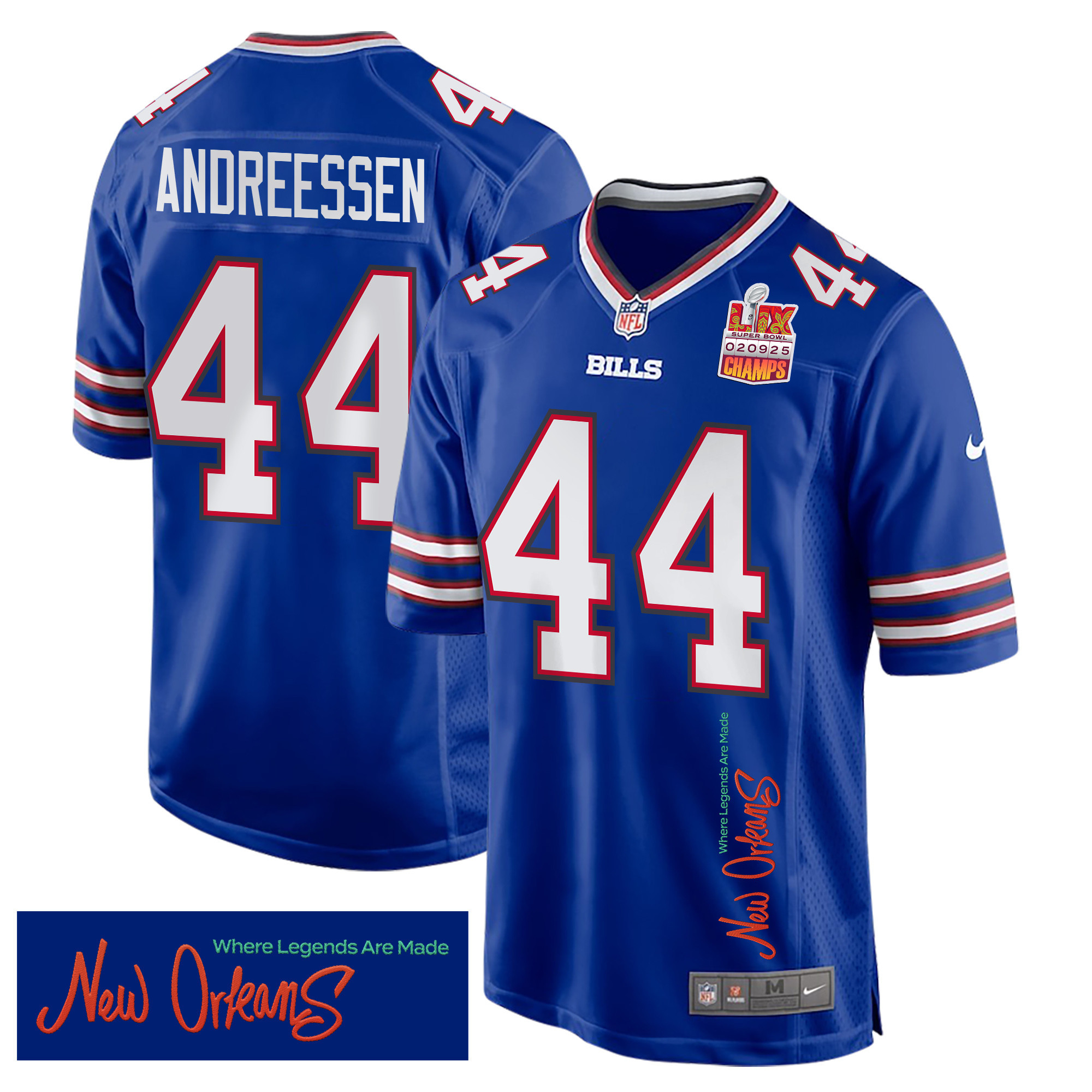 Joe Andreessen 44 Buffalo Bills Super Bowl LIX Champions Patch ‘New Orleans – Where Legends Are Made’ EMBROIDERED Game Men Jersey – Royal