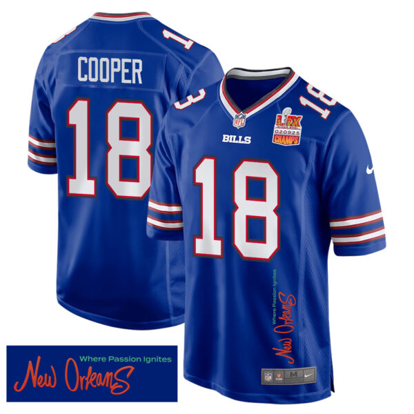 Amari Cooper 18 Buffalo Bills Super Bowl LIX Champions Patch ‘New Orleans – Where Passion Ignites’ EMBROIDERED Game Men Jersey – Royal