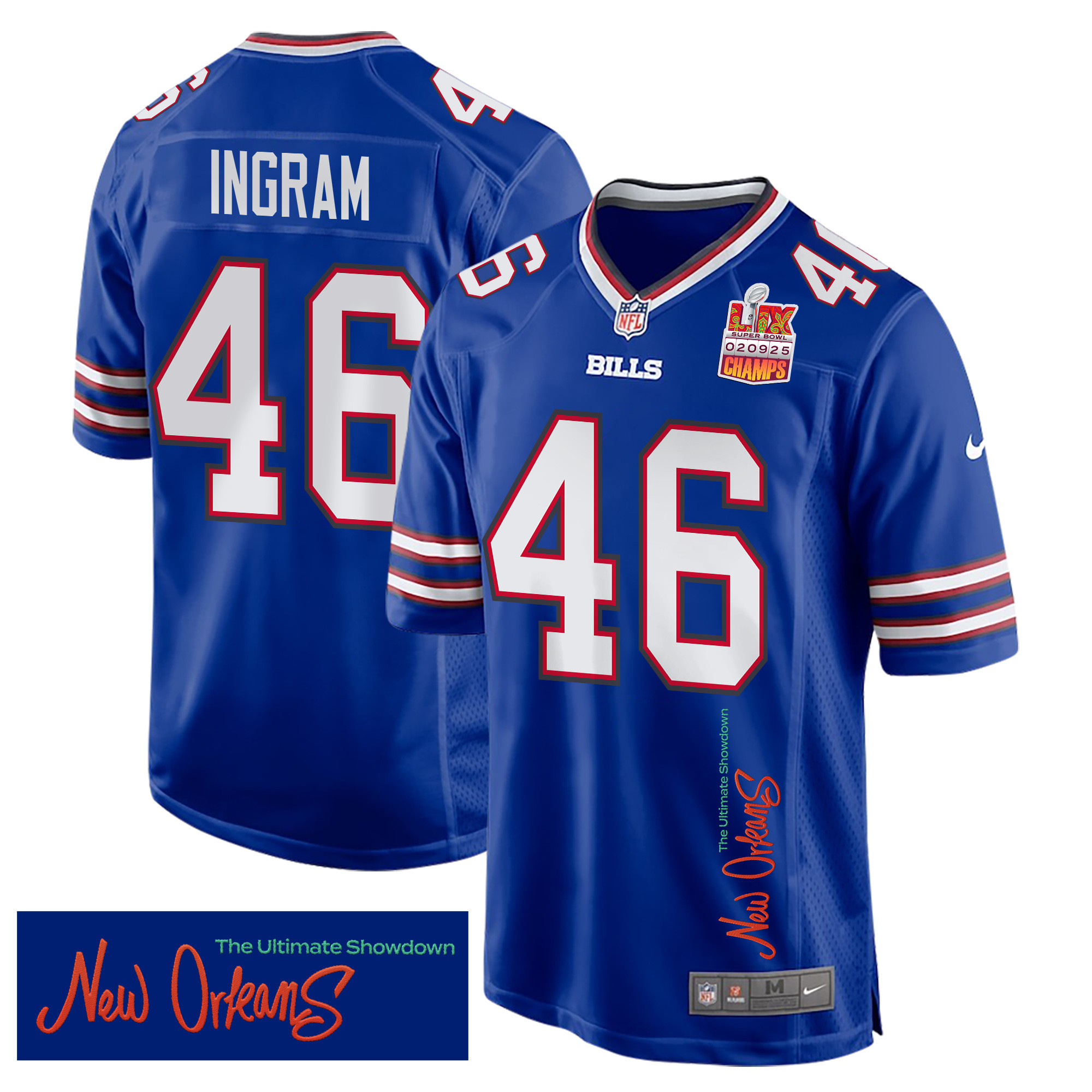 Ja’Marcus Ingram 46 Buffalo Bills Super Bowl LIX Champions Patch ‘New Orleans – The Ultimate Showdown’ EMBROIDERED Game Men Jersey – Royal