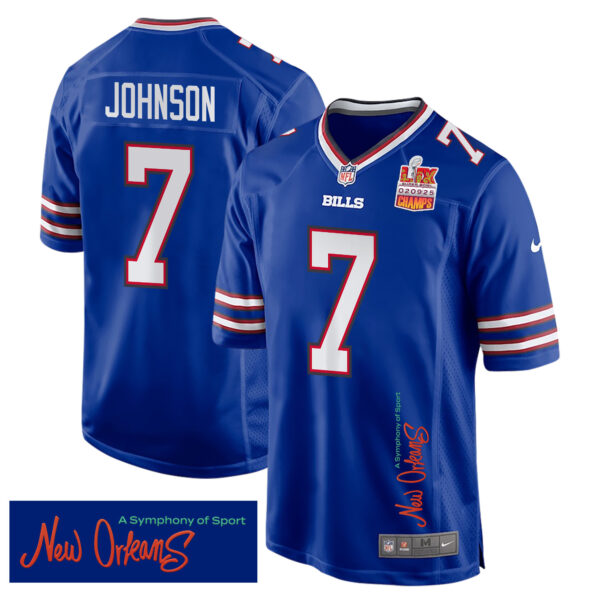 Taron Johnson 7 Buffalo Bills Super Bowl LIX Champions Patch ‘New Orleans – A Symphony of Sport’ EMBROIDERED Game Men Jersey – Royal