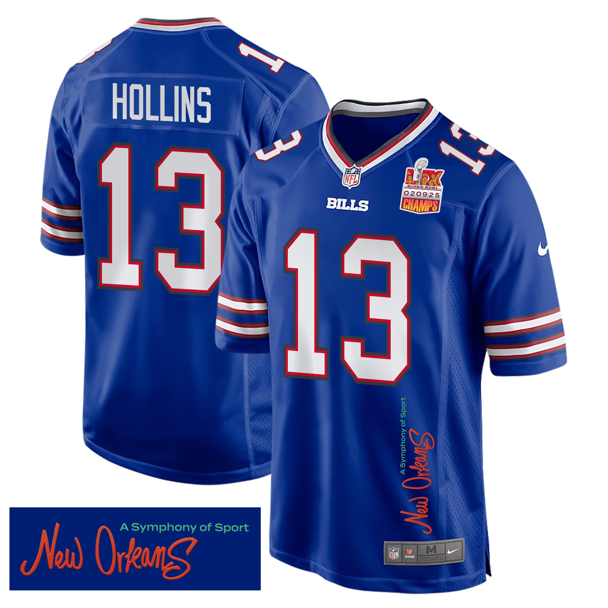 Mack Hollins 13 Buffalo Bills Super Bowl LIX Champions Patch ‘New Orleans – A Symphony of Sport’ EMBROIDERED Game Men Jersey – Royal