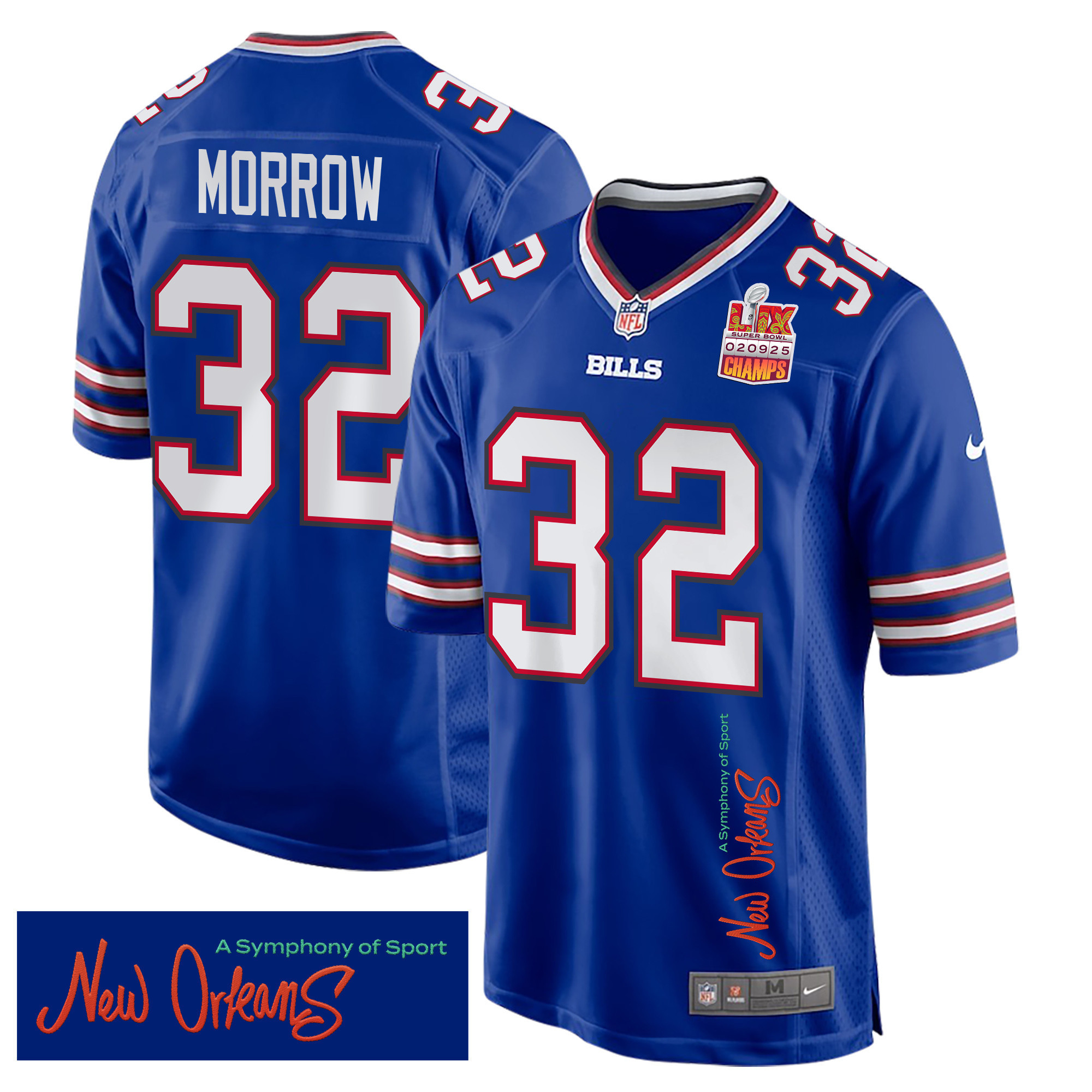 Nicholas Morrow 32 Buffalo Bills Super Bowl LIX Champions Patch ‘New Orleans – A Symphony of Sport’ EMBROIDERED Game Men Jersey – Royal