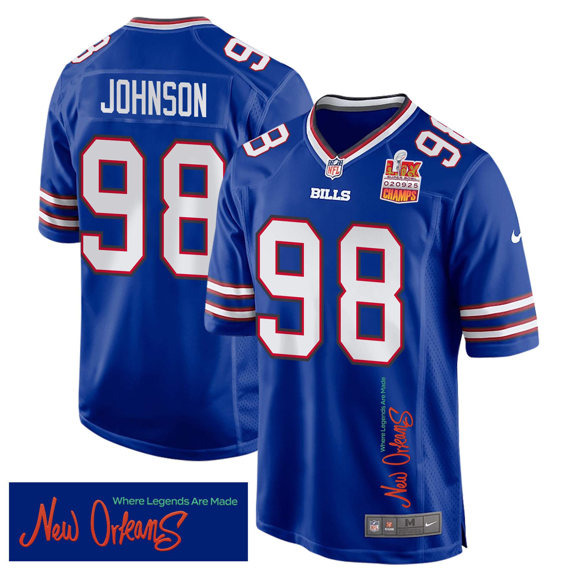 Austin Johnson 98 Buffalo Bills Super Bowl LIX Champions Patch ‘New Orleans – Where Legends Are Made’ EMBROIDERED Game Men Jersey – Royal