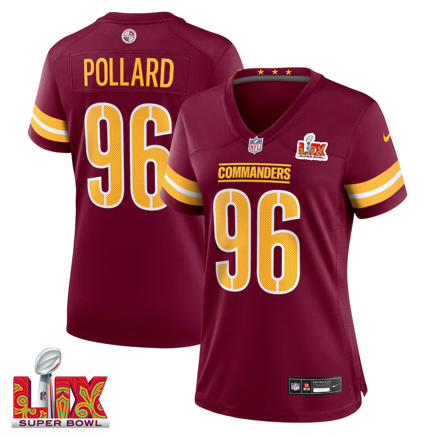 Norell Pollard #96 Washington Commanders Super Bowl LIX Women’s Jersey – Burgundy