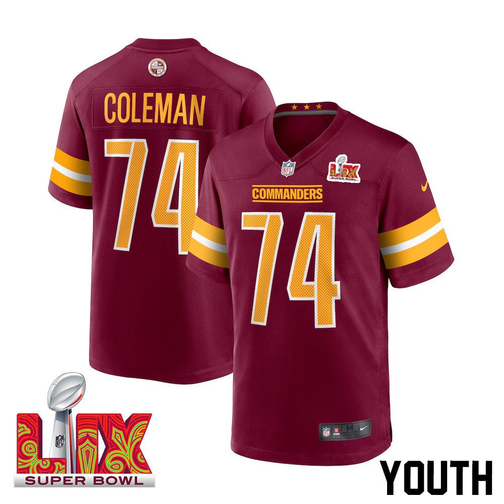 Brandon Coleman #74 Washington Commanders Super Bowl LIX Youth Jersey – Burgundy