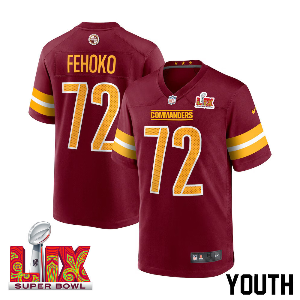 Viliami Fehoko Jr. #72 Washington Commanders Super Bowl LIX Youth Jersey – Burgundy