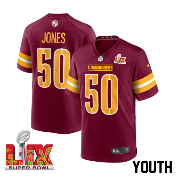 Andre Jones Jr. #50 Washington Commanders Super Bowl LIX Youth Jersey – Burgundy