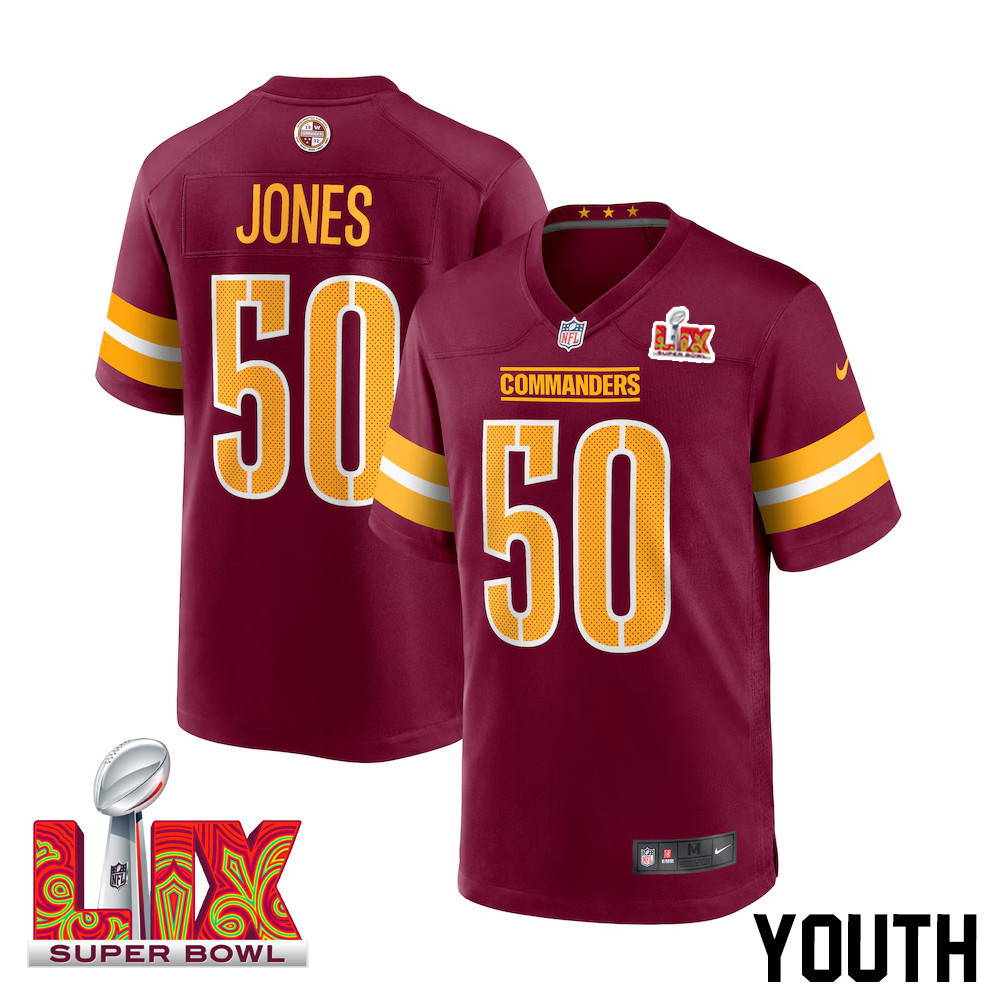 Andre Jones Jr. #50 Washington Commanders Super Bowl LIX Youth Jersey – Burgundy
