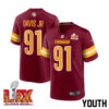 Carl Davis Jr. #91 Washington Commanders Super Bowl LIX Youth Jersey – Burgundy