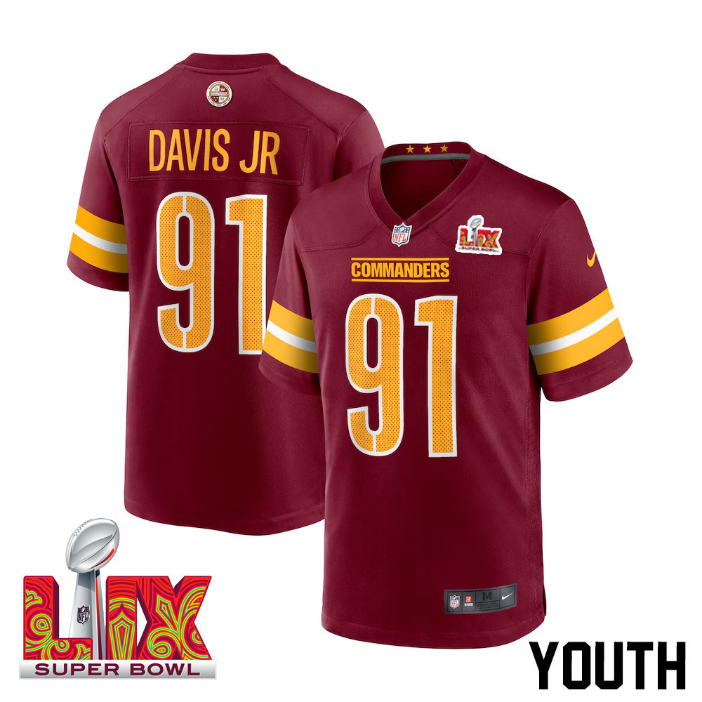 Carl Davis Jr. #91 Washington Commanders Super Bowl LIX Youth Jersey – Burgundy