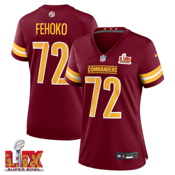 Viliami Fehoko Jr. #72 Washington Commanders Super Bowl LIX Women’s Jersey – Burgundy