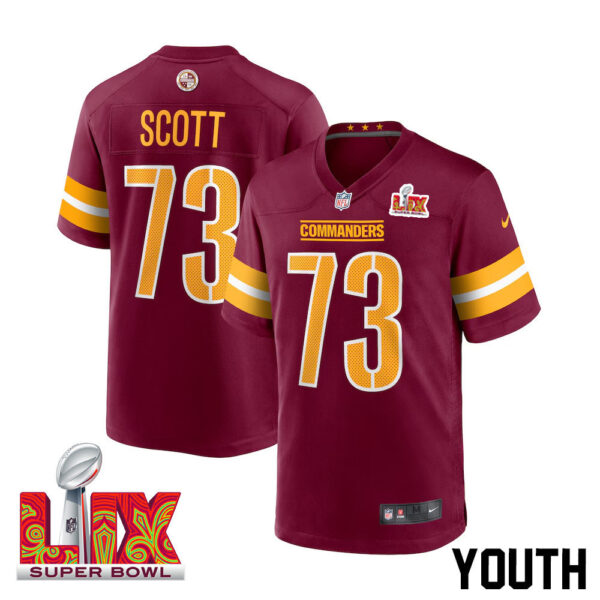 Trent Scott #73 Washington Commanders Super Bowl LIX Youth Jersey – Burgundy