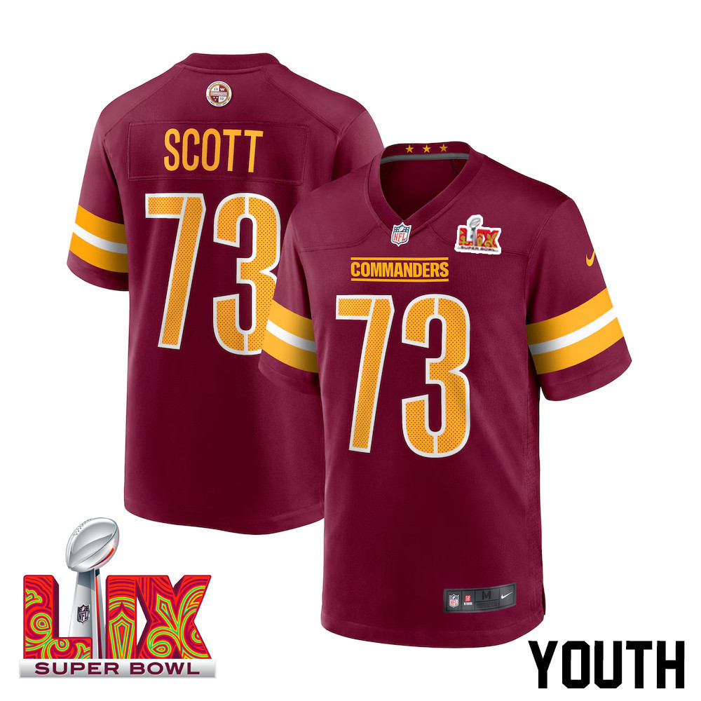 Trent Scott #73 Washington Commanders Super Bowl LIX Youth Jersey – Burgundy