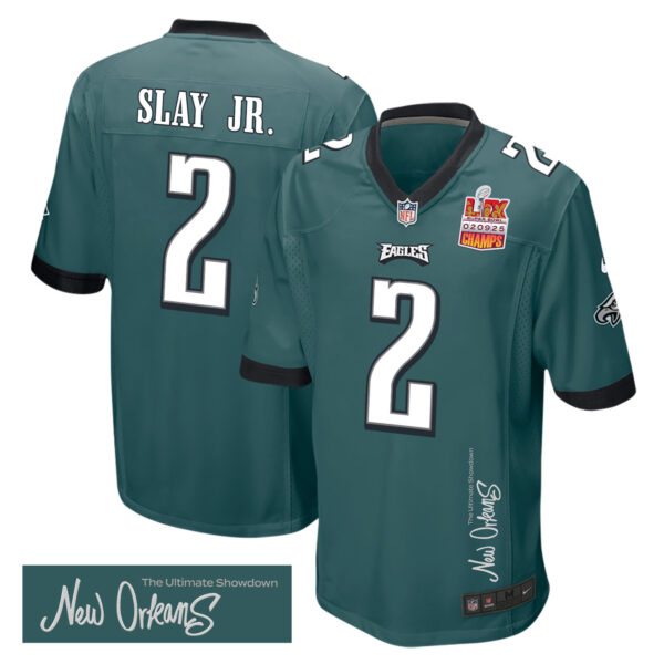 Darius Slay Jr. 2 Philadelphia Eagles Super Bowl LIX Champions Patch ‘New Orleans – The Ultimate Showdown’ EMBROIDERED Game Men Jersey – Midnight Green