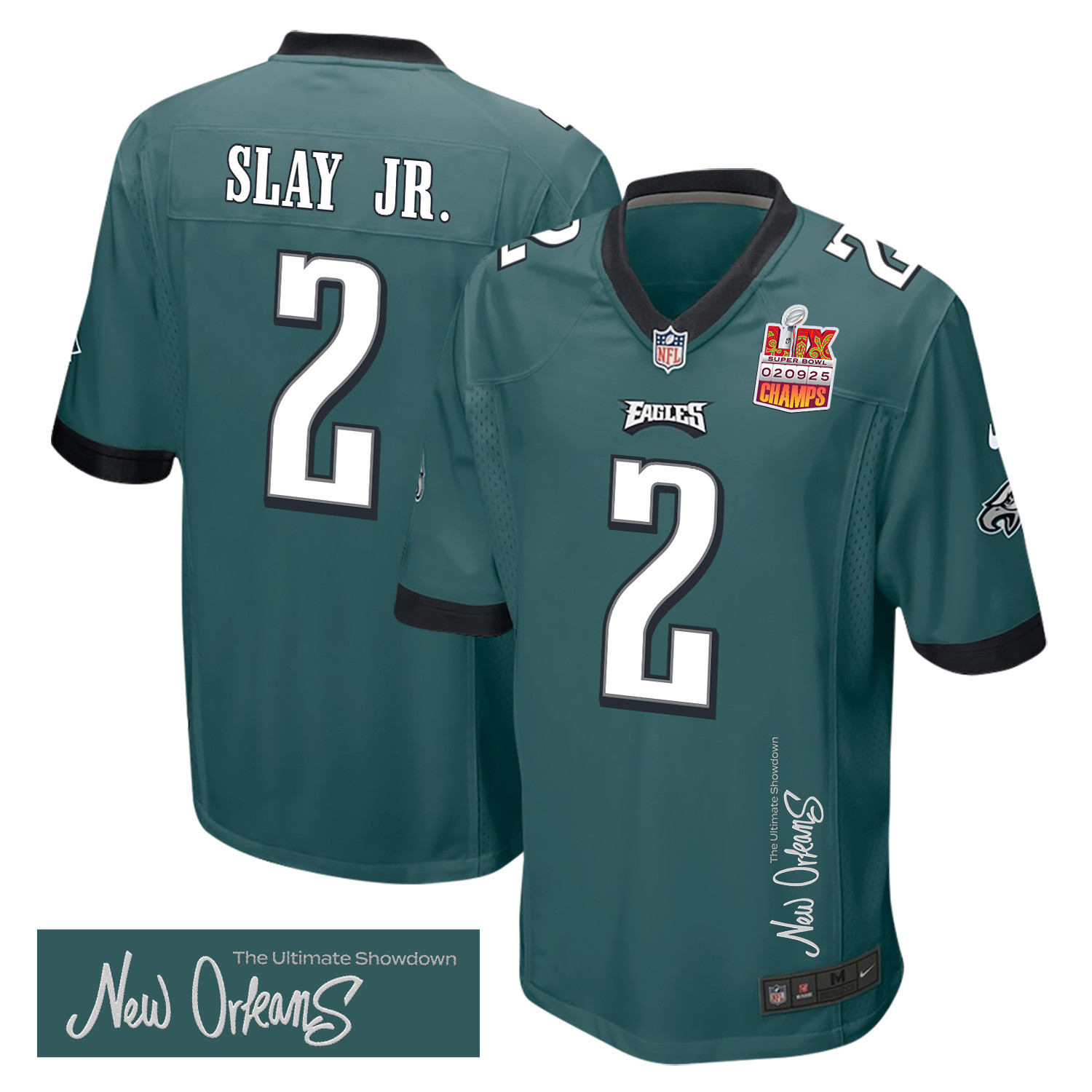 Darius Slay Jr. 2 Philadelphia Eagles Super Bowl LIX Champions Patch ‘New Orleans – The Ultimate Showdown’ EMBROIDERED Game Men Jersey – Midnight Green