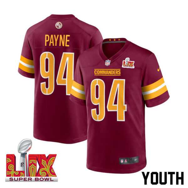 Daron Payne #94 Washington Commanders Super Bowl LIX Youth Jersey – Burgundy