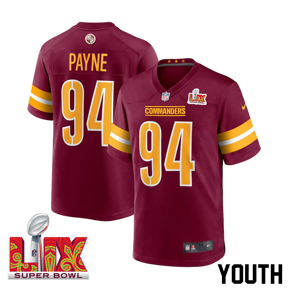 Daron Payne #94 Washington Commanders Super Bowl LIX Youth Jersey – Burgundy