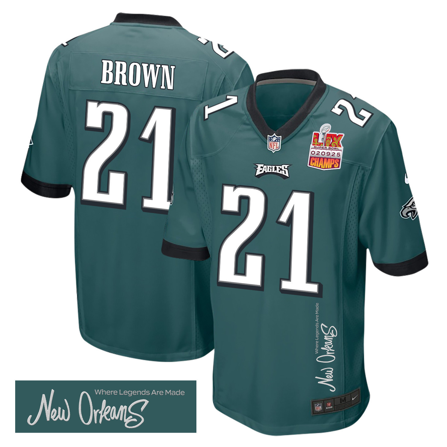 Sydney Brown 21 Philadelphia Eagles Super Bowl LIX Champions Patch ‘New Orleans – Where Legends Are Made’ EMBROIDERED Game Men Jersey – Midnight Green