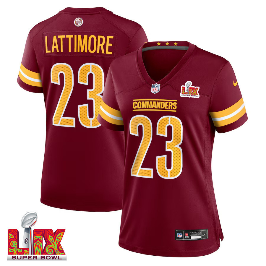 Marshon Lattimore #23 Washington Commanders Super Bowl LIX Women’s Jersey – Burgundy