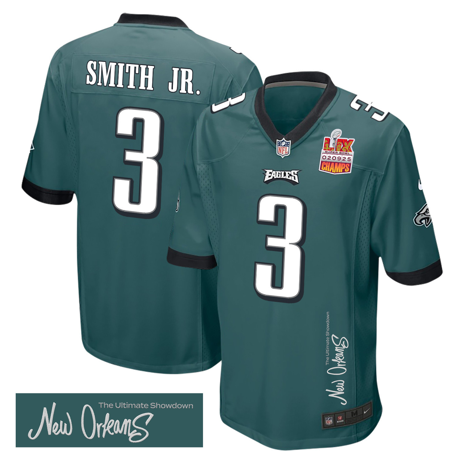 Nolan Smith Jr. 3 Philadelphia Eagles Super Bowl LIX Champions Patch ‘New Orleans – The Ultimate Showdown’ EMBROIDERED Game Men Jersey – Midnight Green