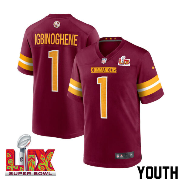 Noah Igbinoghene #1 Washington Commanders Super Bowl LIX Youth Jersey – Burgundy
