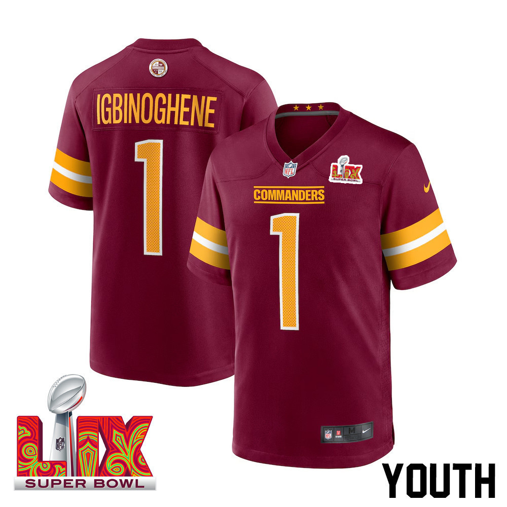 Noah Igbinoghene #1 Washington Commanders Super Bowl LIX Youth Jersey – Burgundy